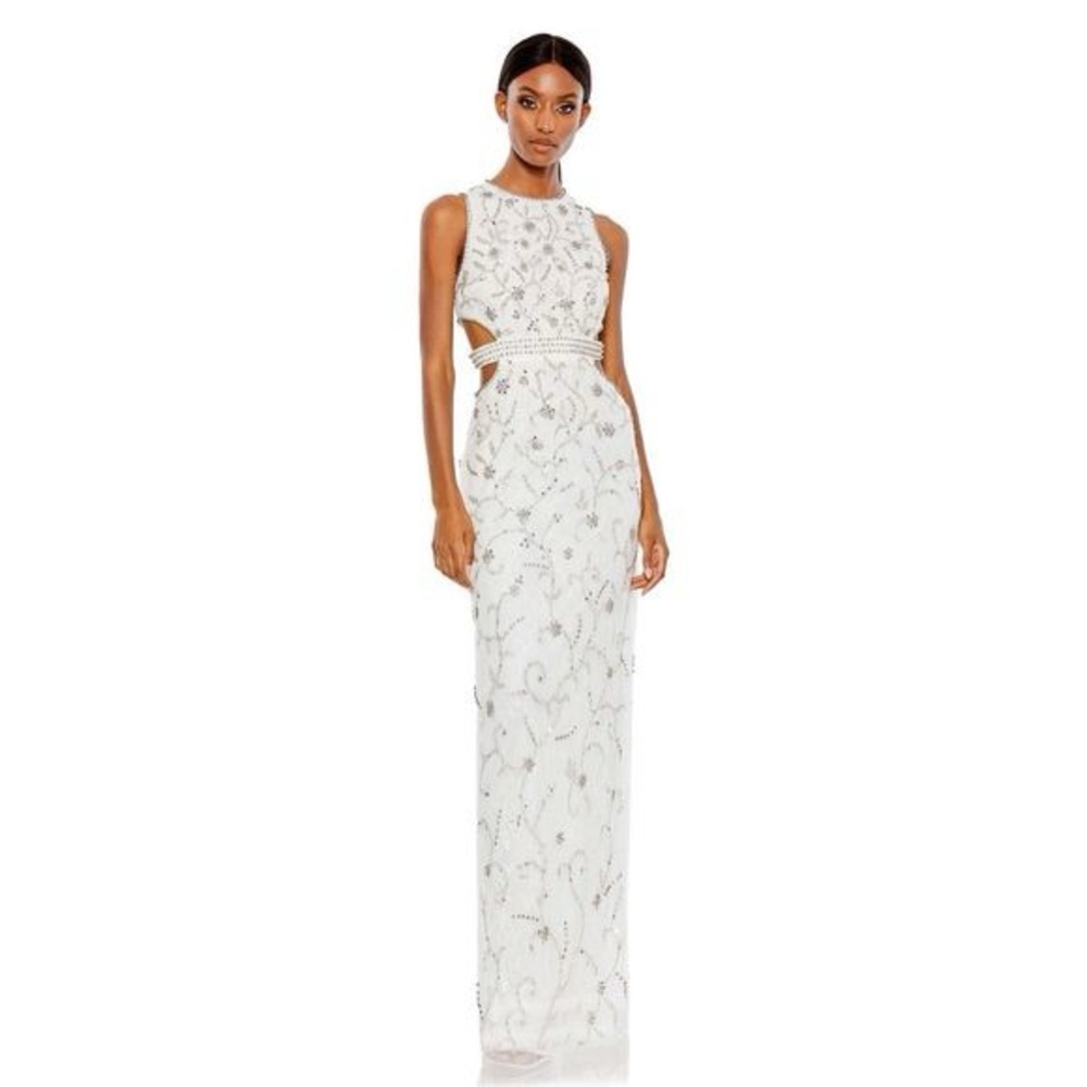 Mac Duggal White and Silver Embellished Maxi Dress